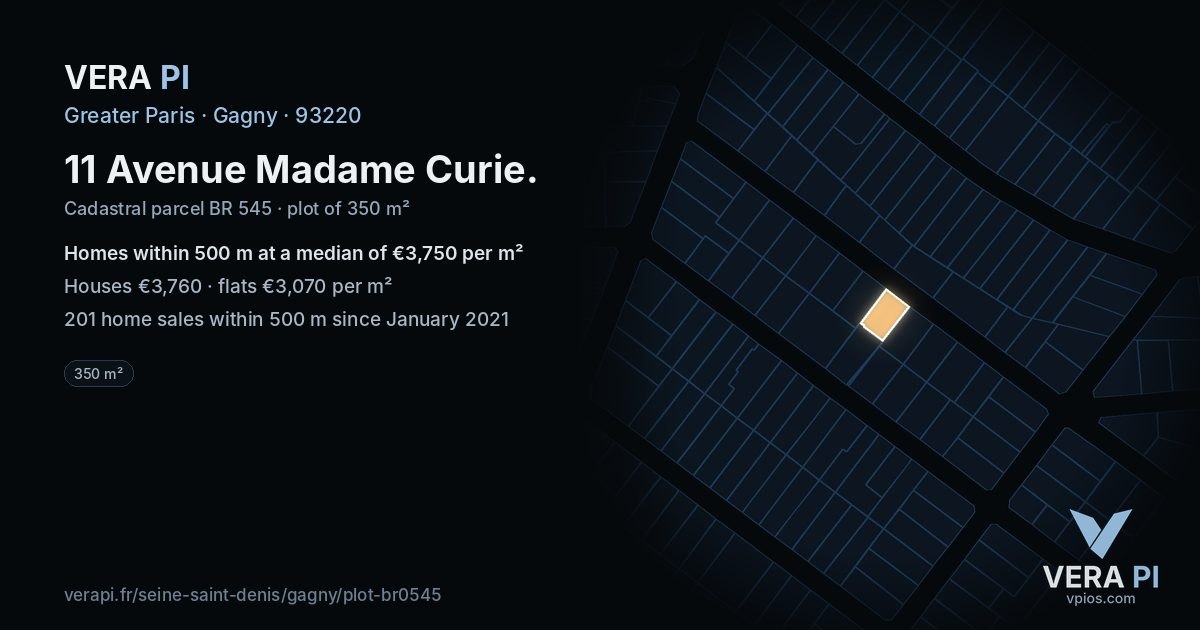 11 Avenue Madame Curie, Gagny at night – the plot lit, the parcels around coloured by the prices near them