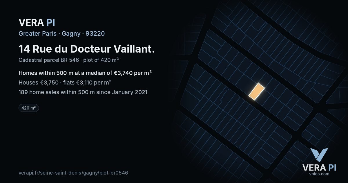 14 Rue du Docteur Vaillant, Gagny at night – the plot lit, the parcels around coloured by the prices near them