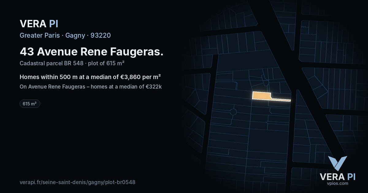 43 Avenue Rene Faugeras, Gagny at night – the plot lit, the parcels around coloured by the prices near them