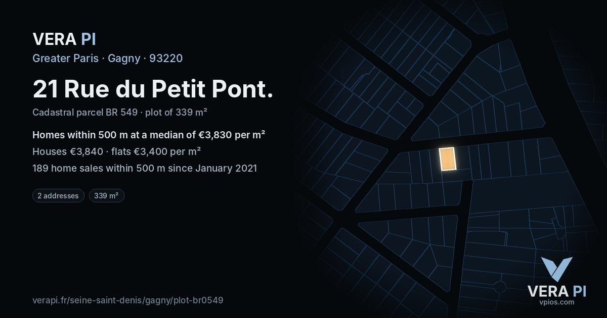 21 Rue du Petit Pont, Gagny at night – the plot lit, the parcels around coloured by the prices near them
