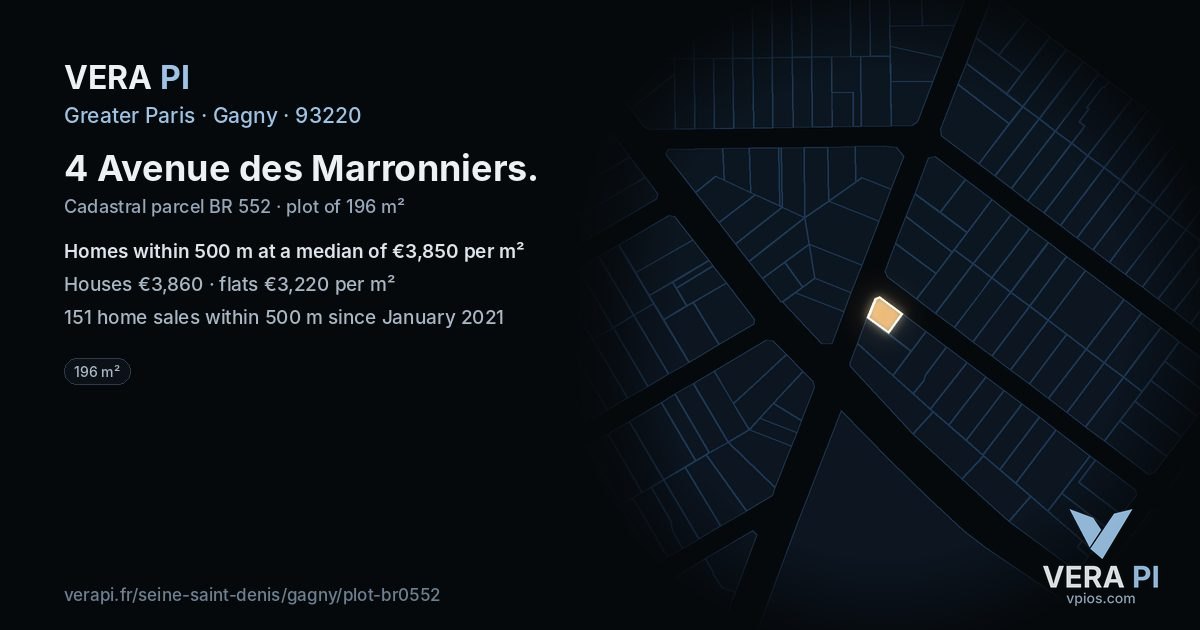 4 Avenue des Marronniers, Gagny at night – the plot lit, the parcels around coloured by the prices near them