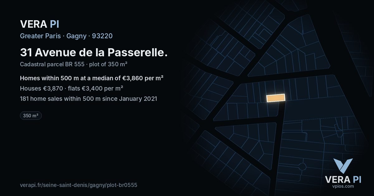 31 Avenue de la Passerelle, Gagny at night – the plot lit, the parcels around coloured by the prices near them
