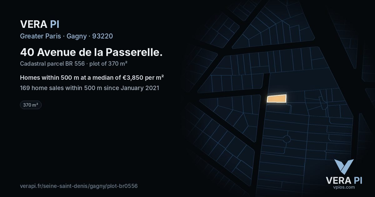 40 Avenue de la Passerelle, Gagny at night – the plot lit, the parcels around coloured by the prices near them