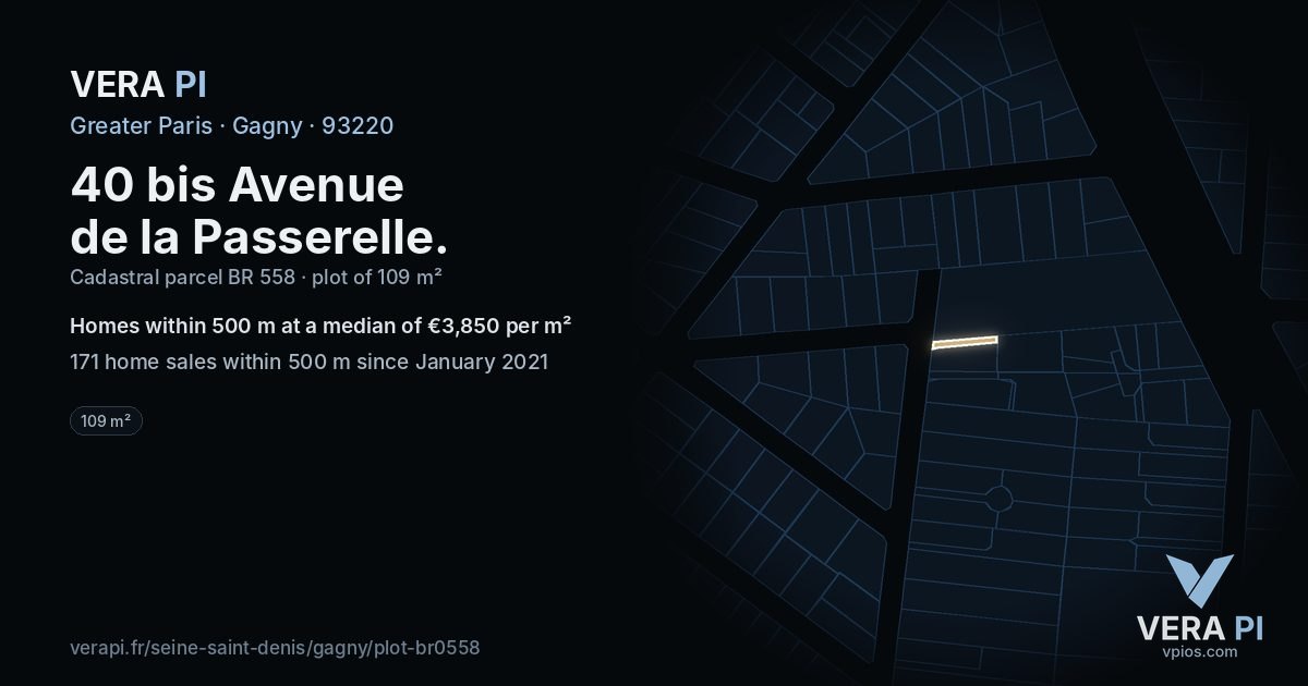 40 bis Avenue de la Passerelle, Gagny at night – the plot lit, the parcels around coloured by the prices near them