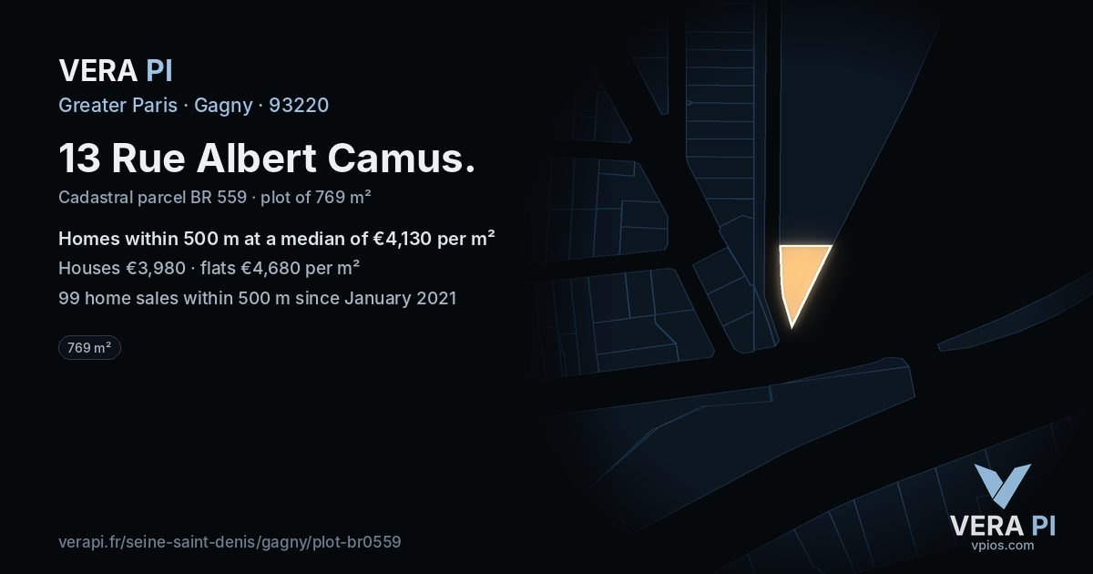 13 Rue Albert Camus, Gagny at night – the plot lit, the parcels around coloured by the prices near them