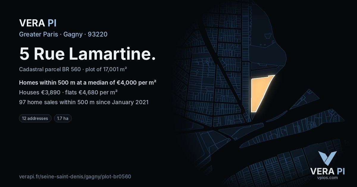 5 Rue Lamartine, Gagny at night – the plot lit, the parcels around coloured by the prices near them