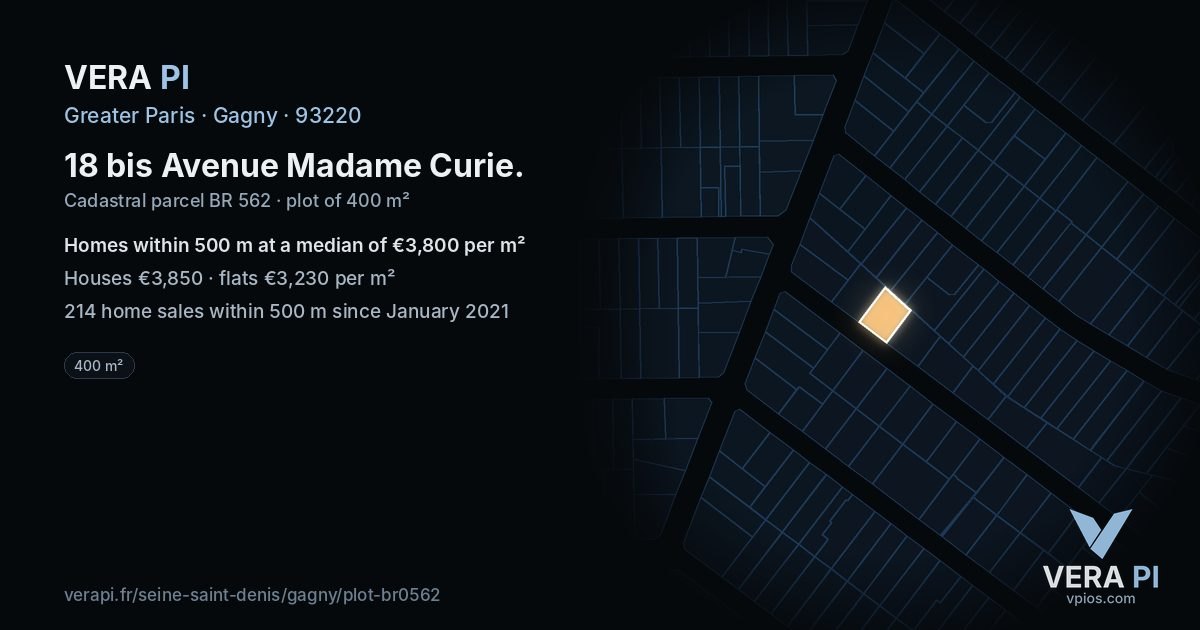 18 bis Avenue Madame Curie, Gagny at night – the plot lit, the parcels around coloured by the prices near them