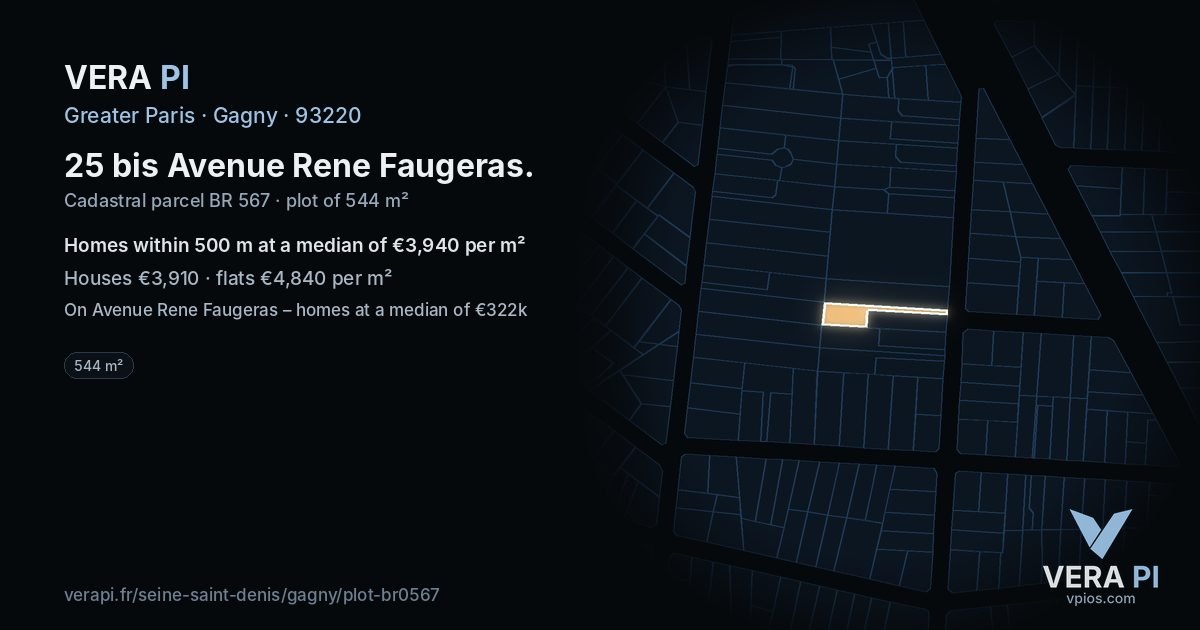 25 bis Avenue Rene Faugeras, Gagny at night – the plot lit, the parcels around coloured by the prices near them