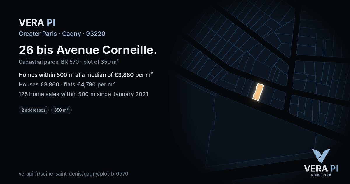 26 bis Avenue Corneille, Gagny at night – the plot lit, the parcels around coloured by the prices near them