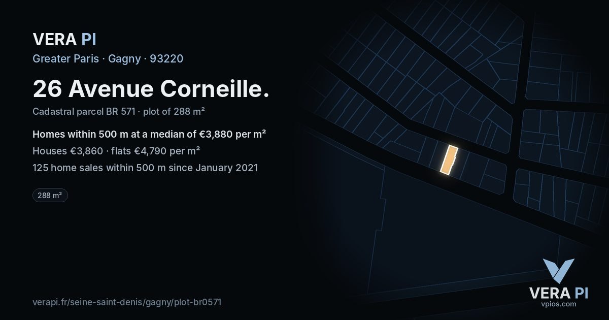 26 Avenue Corneille, Gagny at night – the plot lit, the parcels around coloured by the prices near them