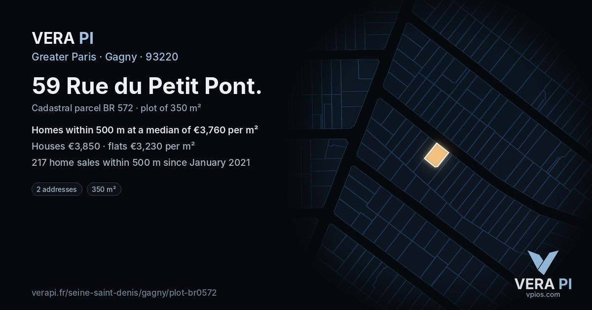 59 Rue du Petit Pont, Gagny at night – the plot lit, the parcels around coloured by the prices near them