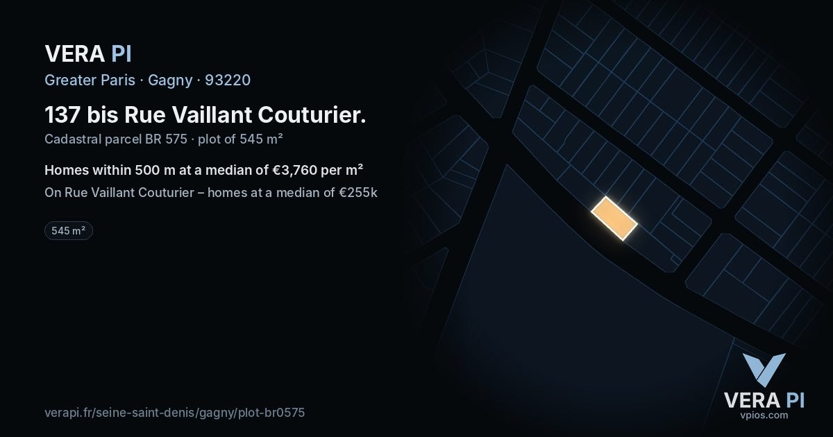 137 bis Rue Vaillant Couturier, Gagny at night – the plot lit, the parcels around coloured by the prices near them