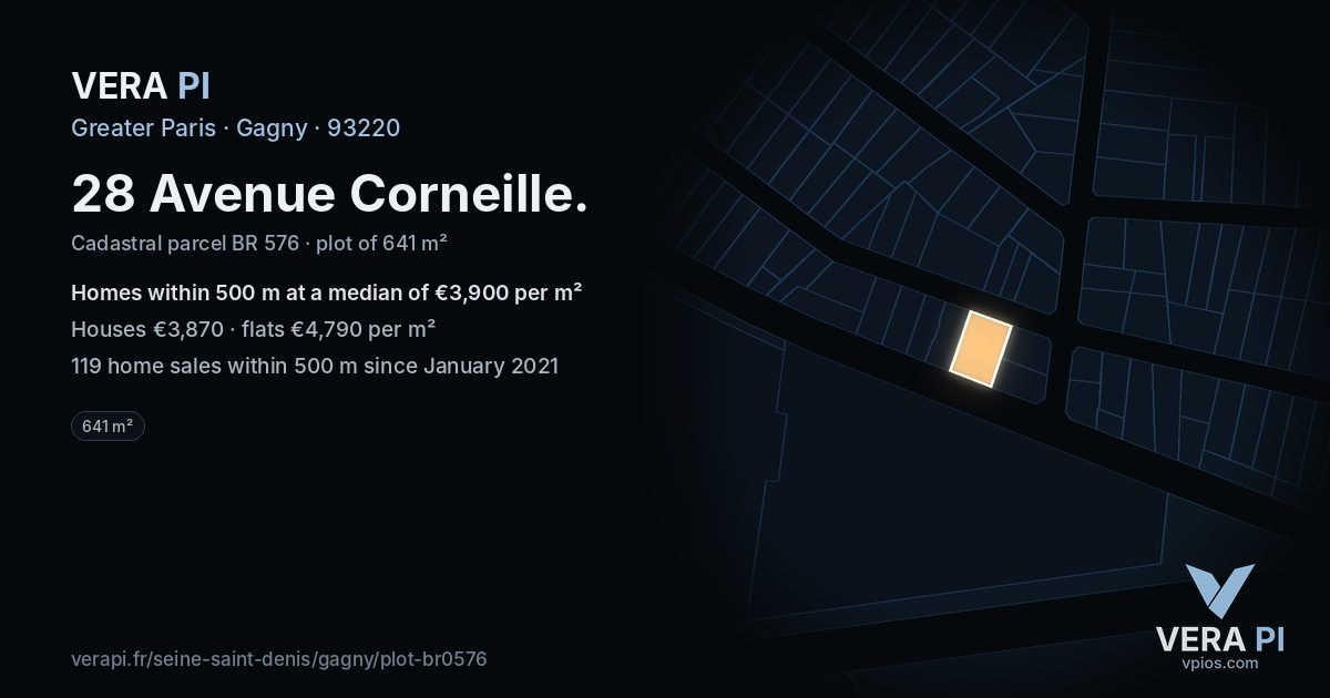 28 Avenue Corneille, Gagny at night – the plot lit, the parcels around coloured by the prices near them