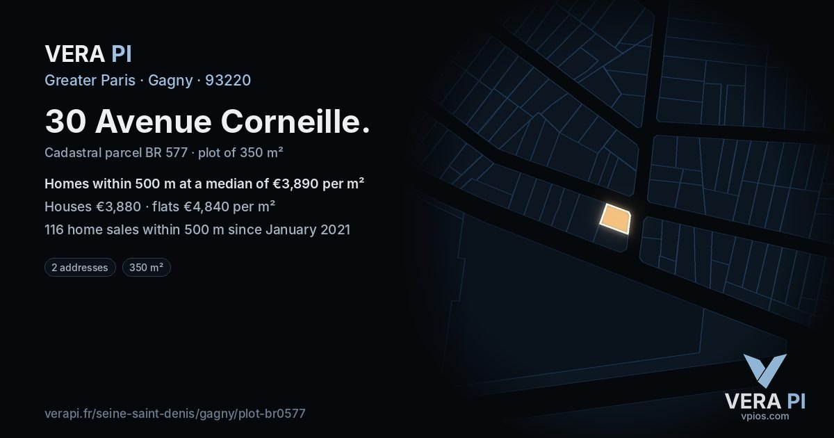 30 Avenue Corneille, Gagny at night – the plot lit, the parcels around coloured by the prices near them