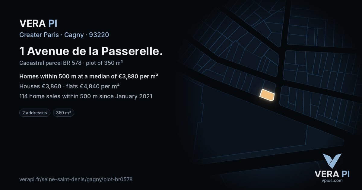 1 Avenue de la Passerelle, Gagny at night – the plot lit, the parcels around coloured by the prices near them