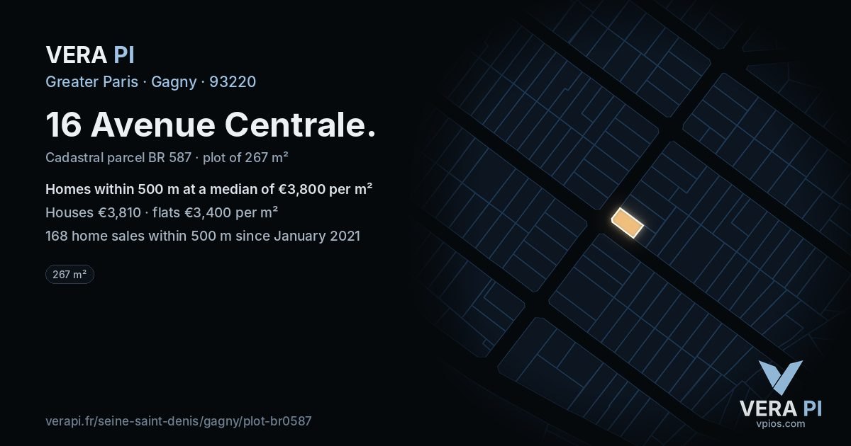 16 Avenue Centrale, Gagny at night – the plot lit, the parcels around coloured by the prices near them