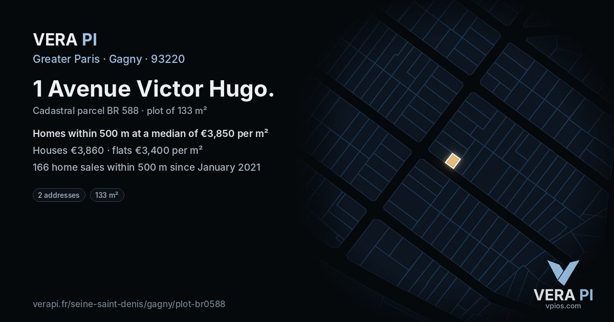 1 Avenue Victor Hugo, Gagny at night – the plot lit, the parcels around coloured by the prices near them