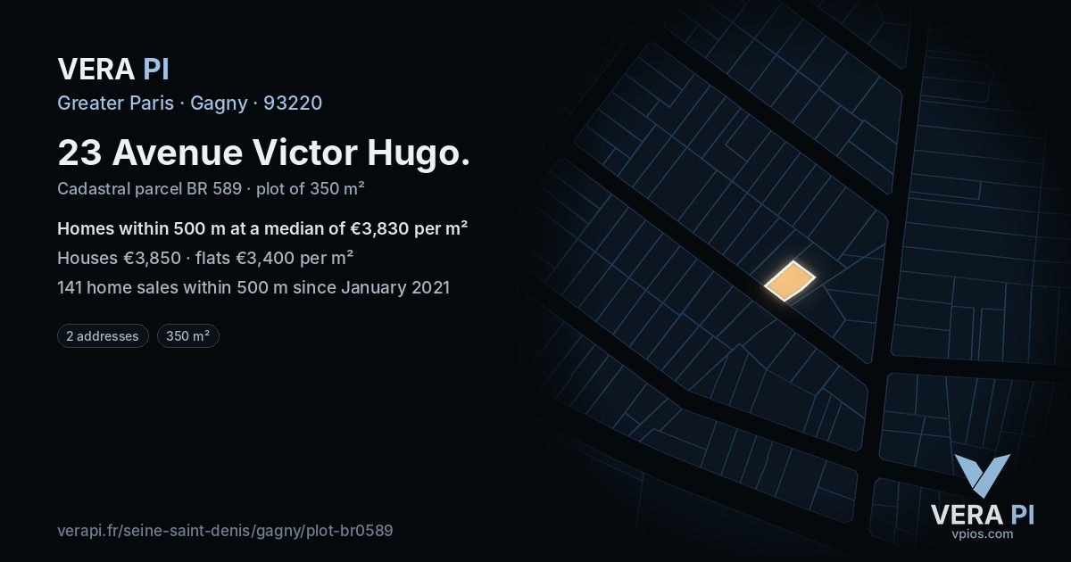 23 Avenue Victor Hugo, Gagny at night – the plot lit, the parcels around coloured by the prices near them