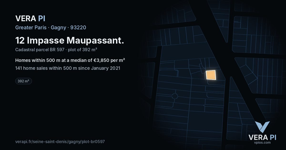 12 Impasse Maupassant, Gagny at night – the plot lit, the parcels around coloured by the prices near them