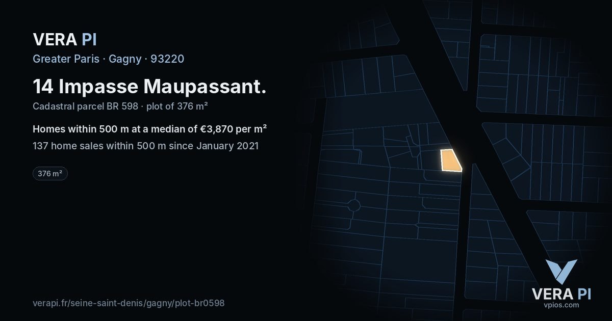 14 Impasse Maupassant, Gagny at night – the plot lit, the parcels around coloured by the prices near them