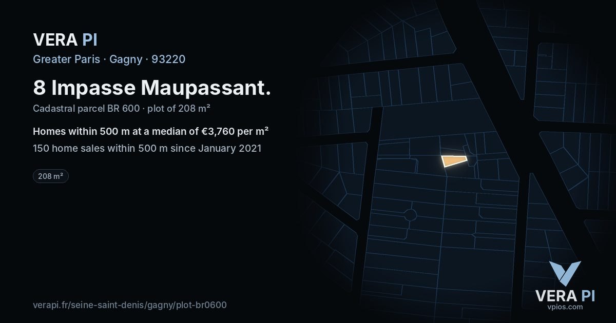 8 Impasse Maupassant, Gagny at night – the plot lit, the parcels around coloured by the prices near them