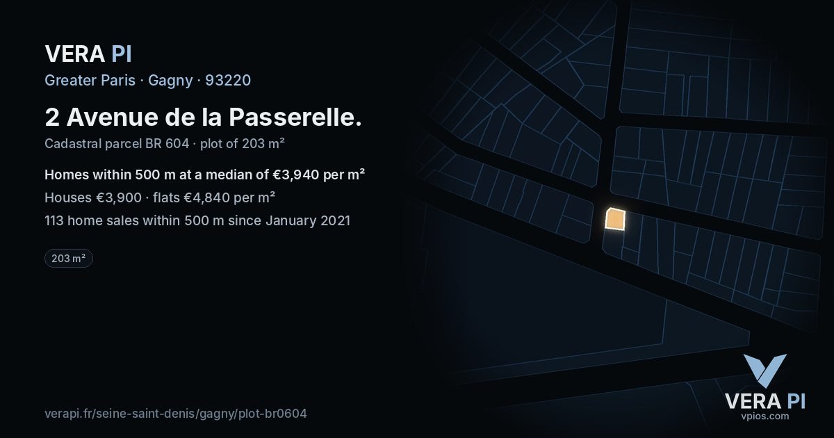 2 Avenue de la Passerelle, Gagny at night – the plot lit, the parcels around coloured by the prices near them