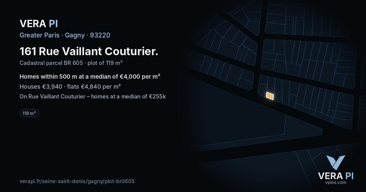 161 Rue Vaillant Couturier, Gagny at night – the plot lit, the parcels around coloured by the prices near them