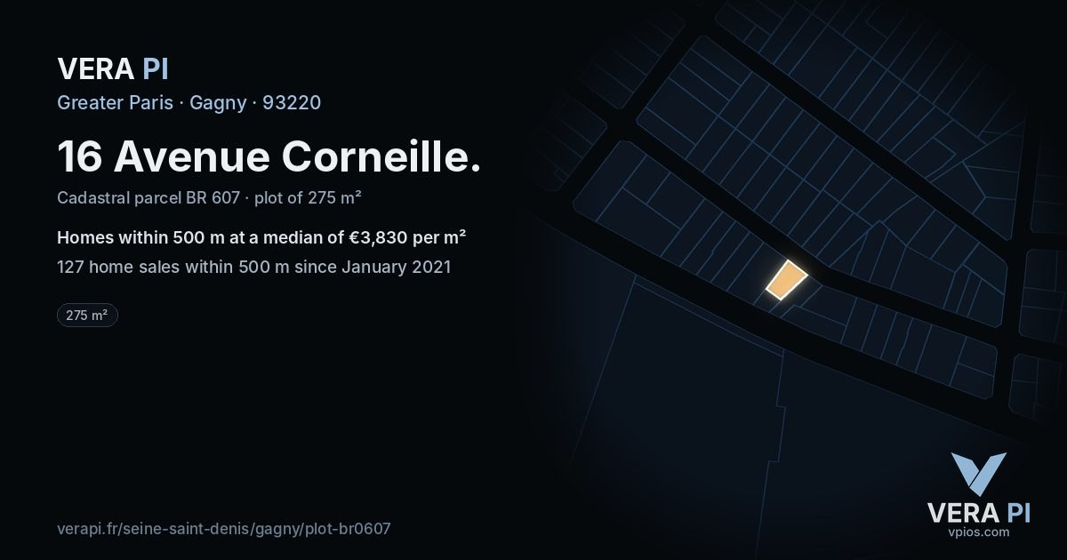 16 Avenue Corneille, Gagny at night – the plot lit, the parcels around coloured by the prices near them
