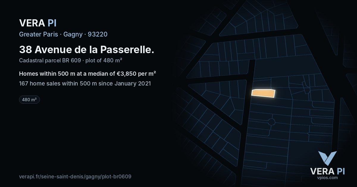 38 Avenue de la Passerelle, Gagny at night – the plot lit, the parcels around coloured by the prices near them