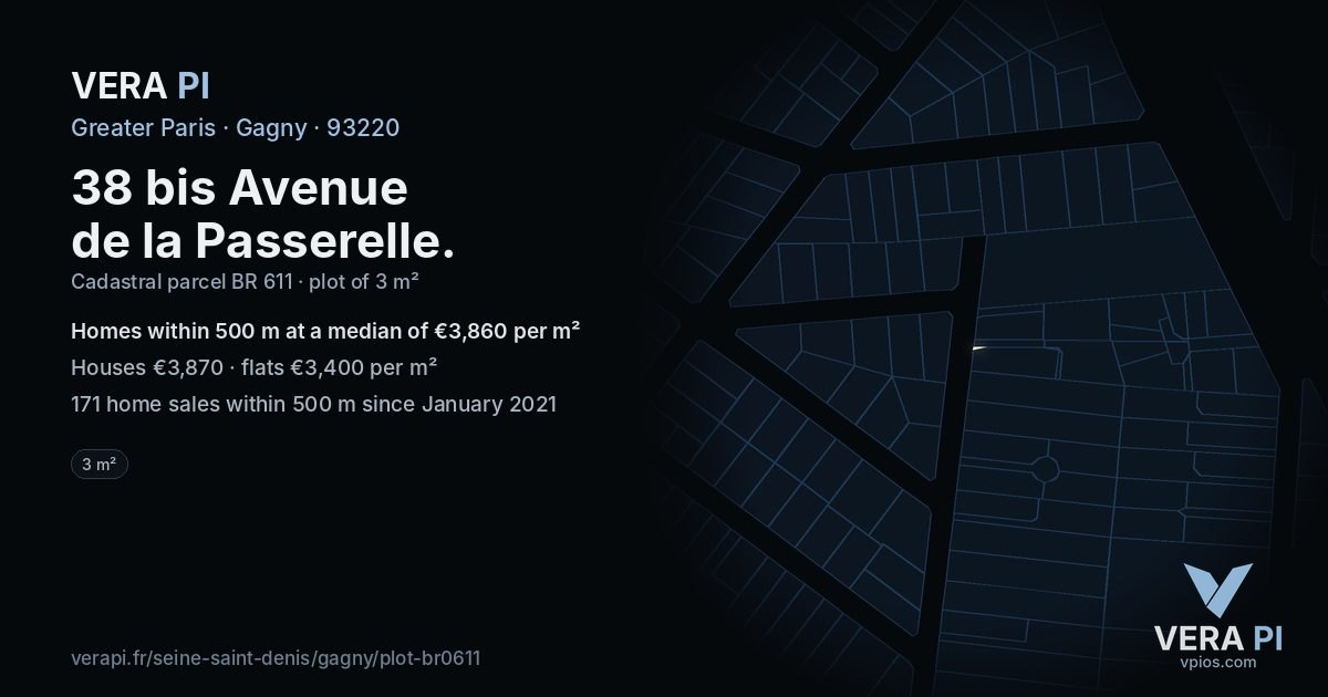 38 bis Avenue de la Passerelle, Gagny at night – the plot lit, the parcels around coloured by the prices near them