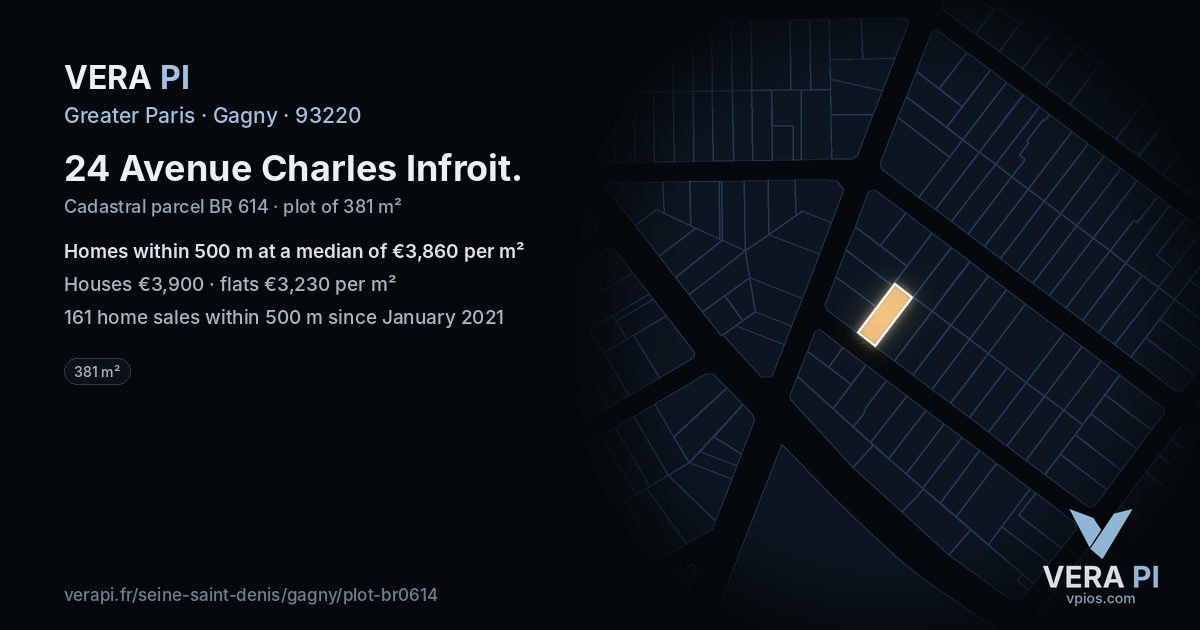 24 Avenue Charles Infroit, Gagny at night – the plot lit, the parcels around coloured by the prices near them