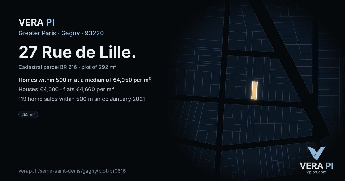 27 Rue de Lille, Gagny at night – the plot lit, the parcels around coloured by the prices near them