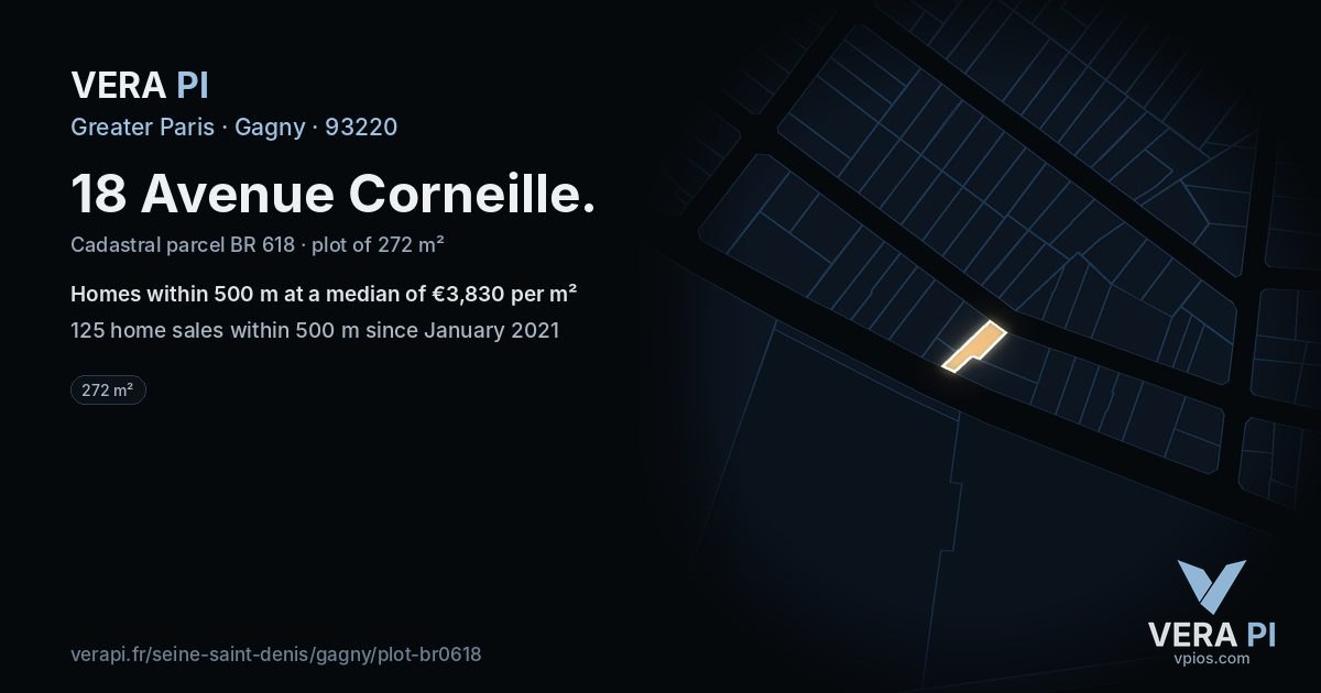 18 Avenue Corneille, Gagny at night – the plot lit, the parcels around coloured by the prices near them