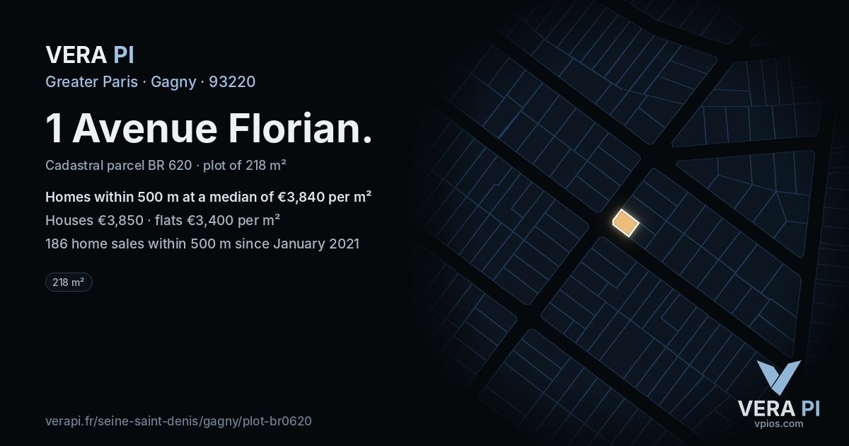 1 Avenue Florian, Gagny at night – the plot lit, the parcels around coloured by the prices near them