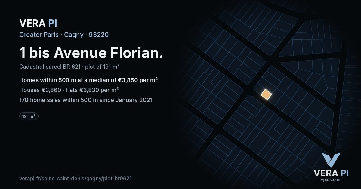 1 bis Avenue Florian, Gagny at night – the plot lit, the parcels around coloured by the prices near them