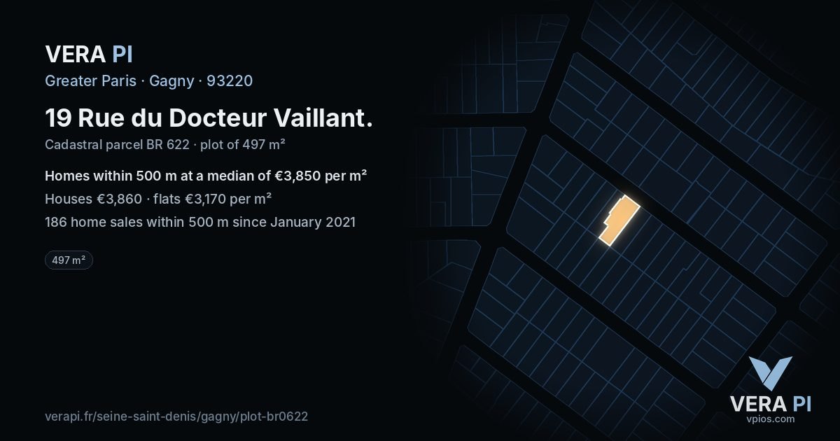 19 Rue du Docteur Vaillant, Gagny at night – the plot lit, the parcels around coloured by the prices near them