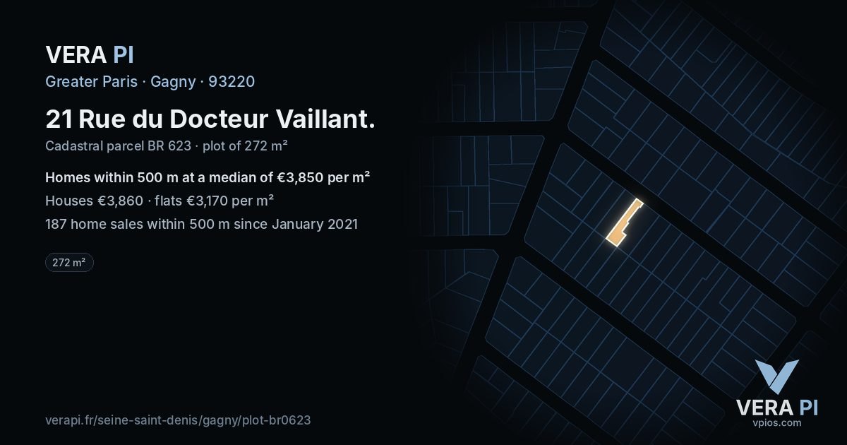 21 Rue du Docteur Vaillant, Gagny at night – the plot lit, the parcels around coloured by the prices near them
