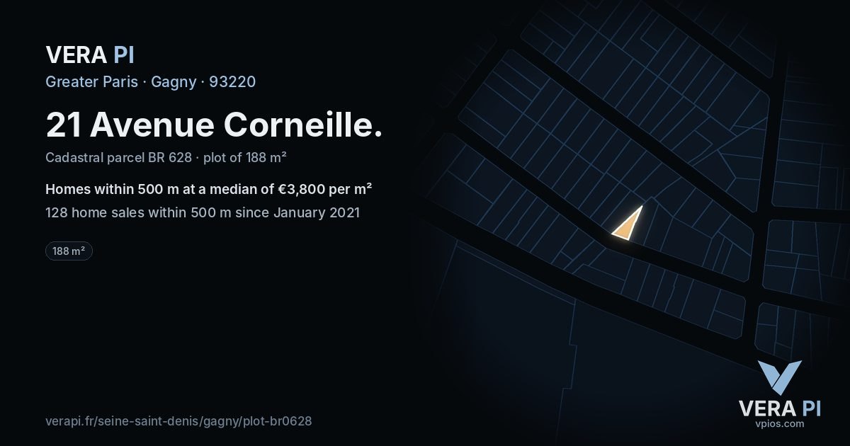 21 Avenue Corneille, Gagny at night – the plot lit, the parcels around coloured by the prices near them