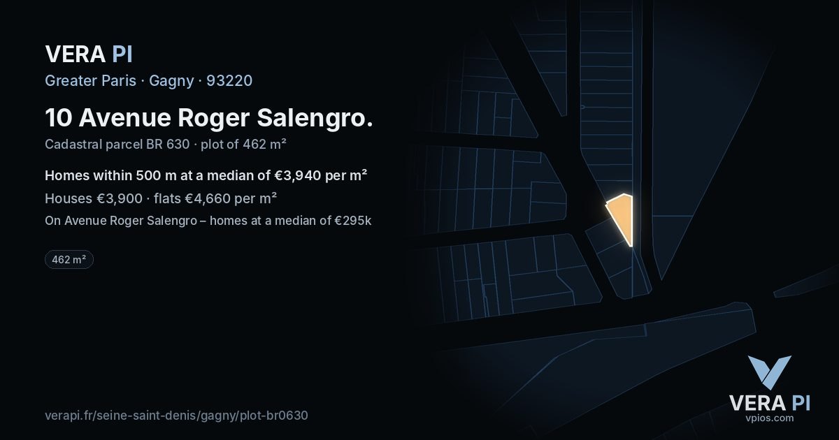 10 Avenue Roger Salengro, Gagny at night – the plot lit, the parcels around coloured by the prices near them