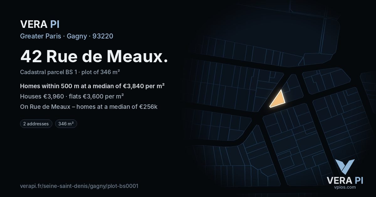 42 Rue de Meaux, Gagny at night – the plot lit, the parcels around coloured by the prices near them