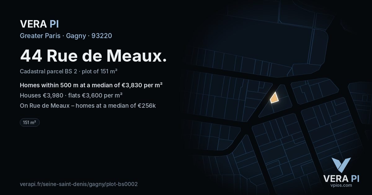 44 Rue de Meaux, Gagny at night – the plot lit, the parcels around coloured by the prices near them