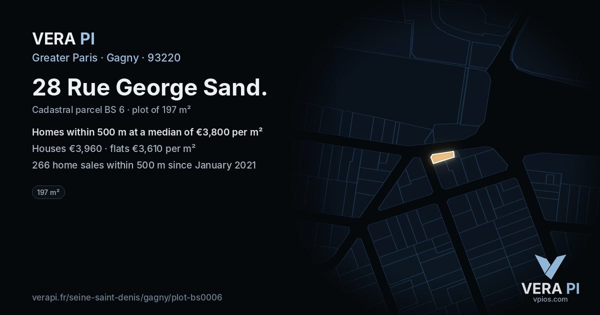 28 Rue George Sand, Gagny at night – the plot lit, the parcels around coloured by the prices near them