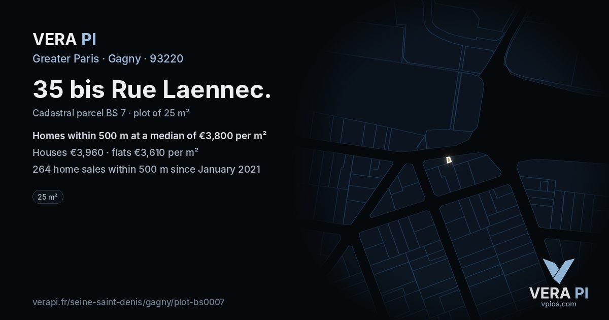 35 bis Rue Laennec, Gagny at night – the plot lit, the parcels around coloured by the prices near them