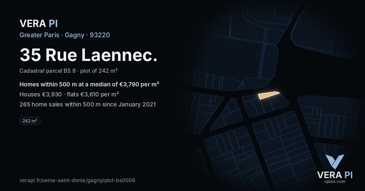 35 Rue Laennec, Gagny at night – the plot lit, the parcels around coloured by the prices near them