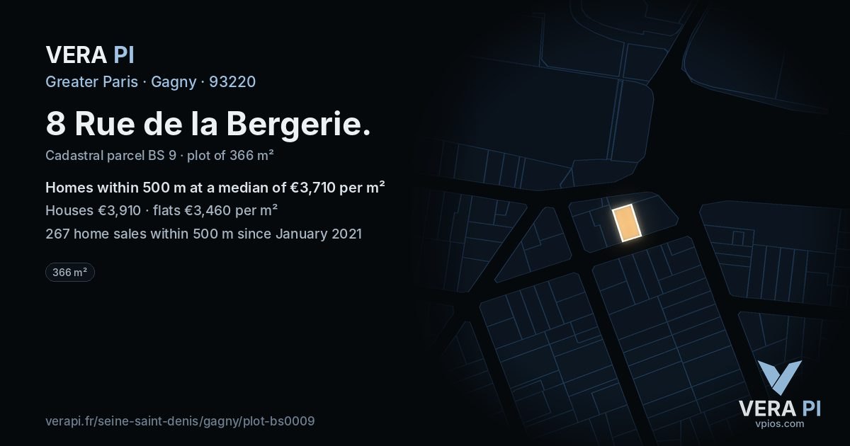 8 Rue de la Bergerie, Gagny at night – the plot lit, the parcels around coloured by the prices near them