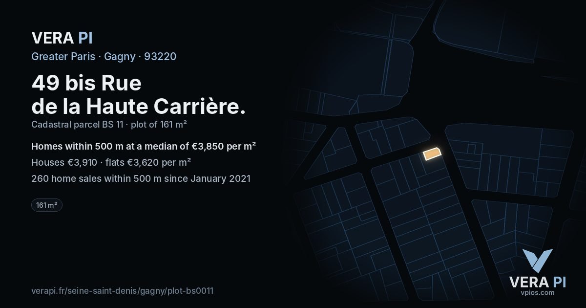 49 bis Rue de la Haute Carrière, Gagny at night – the plot lit, the parcels around coloured by the prices near them