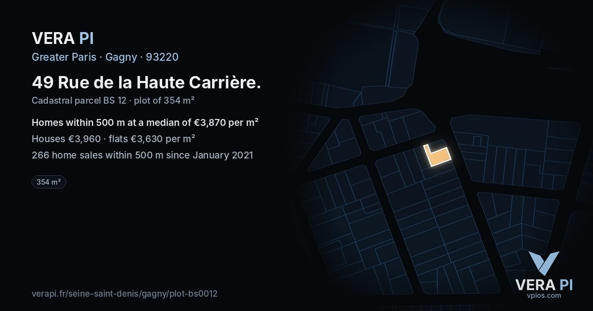 49 Rue de la Haute Carrière, Gagny at night – the plot lit, the parcels around coloured by the prices near them