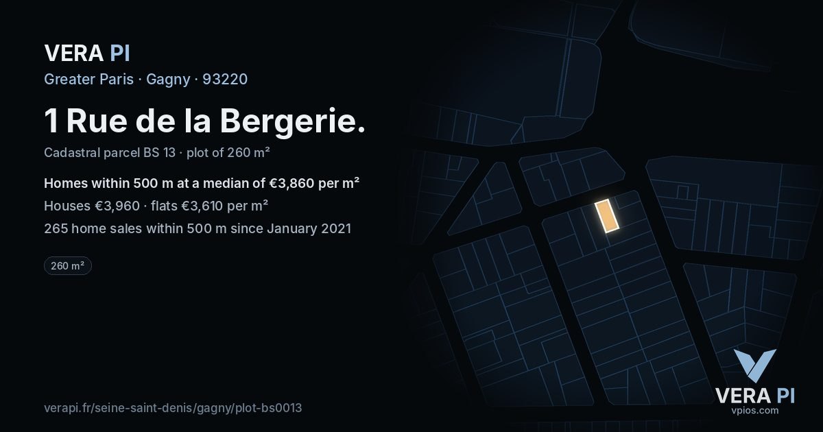 1 Rue de la Bergerie, Gagny at night – the plot lit, the parcels around coloured by the prices near them