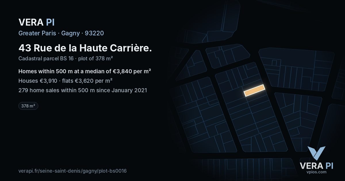 43 Rue de la Haute Carrière, Gagny at night – the plot lit, the parcels around coloured by the prices near them