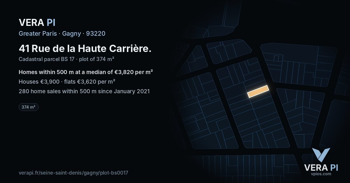41 Rue de la Haute Carrière, Gagny at night – the plot lit, the parcels around coloured by the prices near them